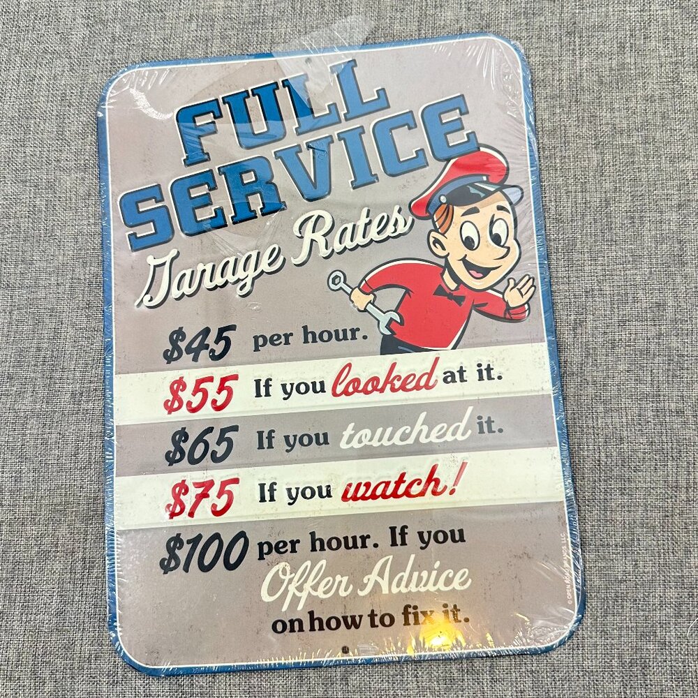 NEW! Open Road Brands - Funny Garage Shop Rates Tin Sign Mechanic, Tire‎ Shop